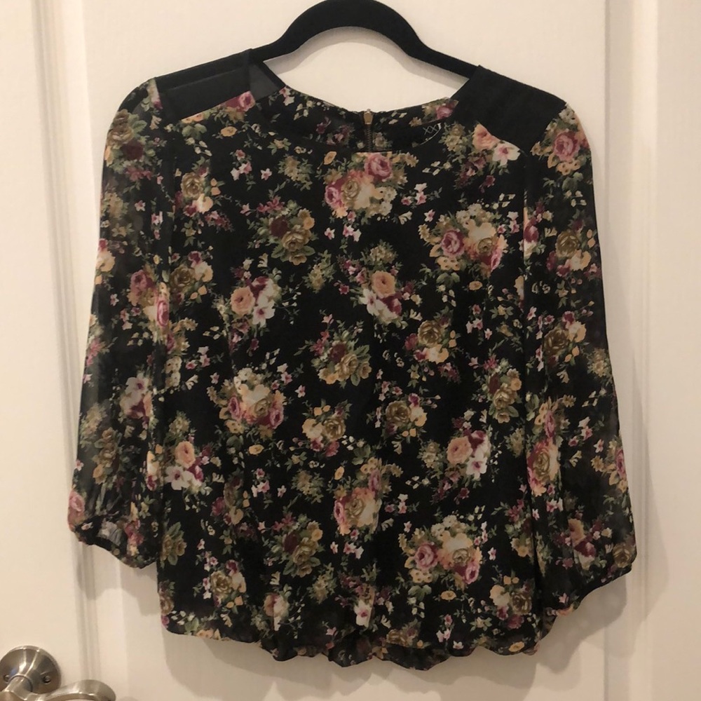 Black Floral Top with back zipper, Size Small